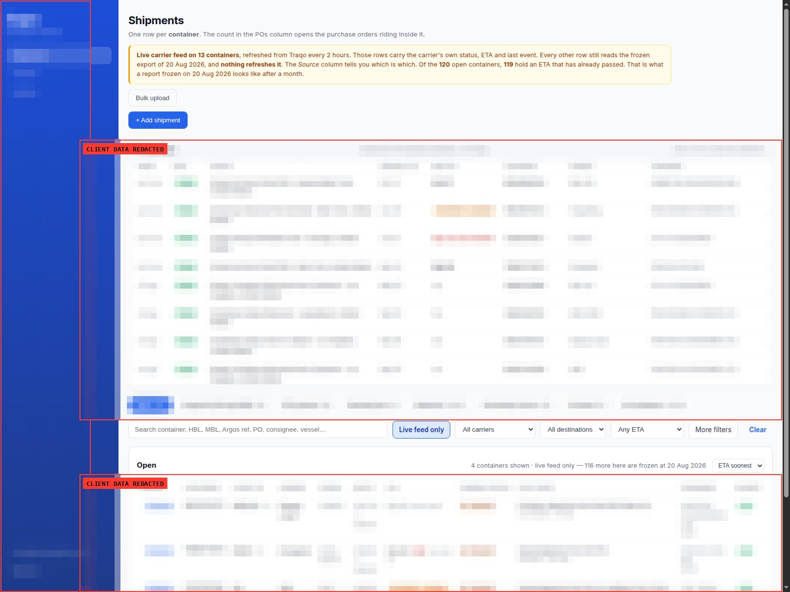 Shipment tracking dashboard, client data redacted